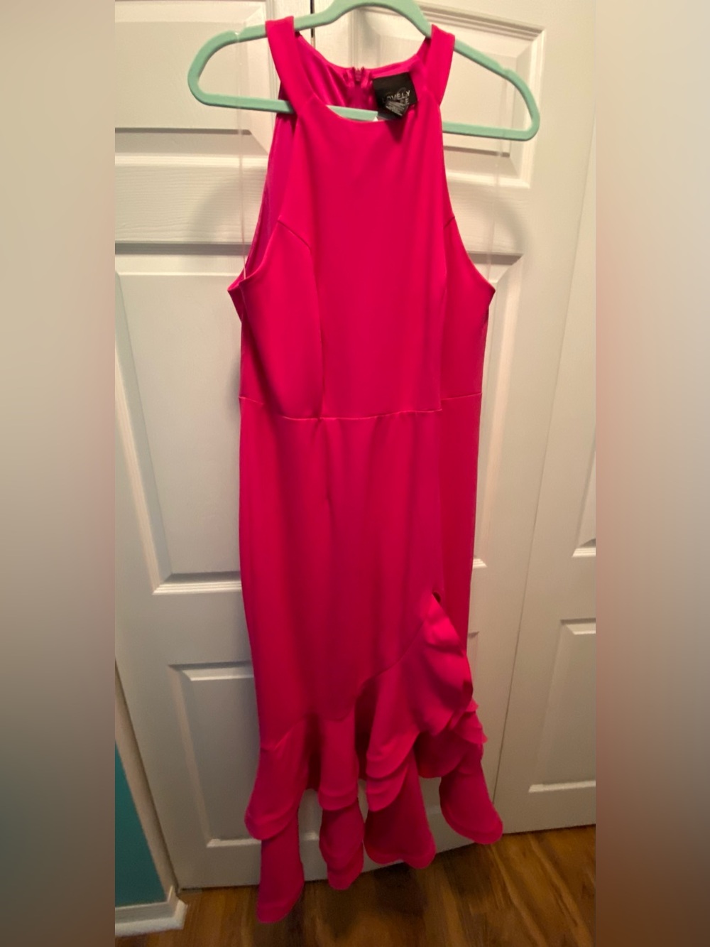 Lovely Grace Hot Pink High Neck Halter Maxi Dress Cascading Ruffle Hem XL  NWT